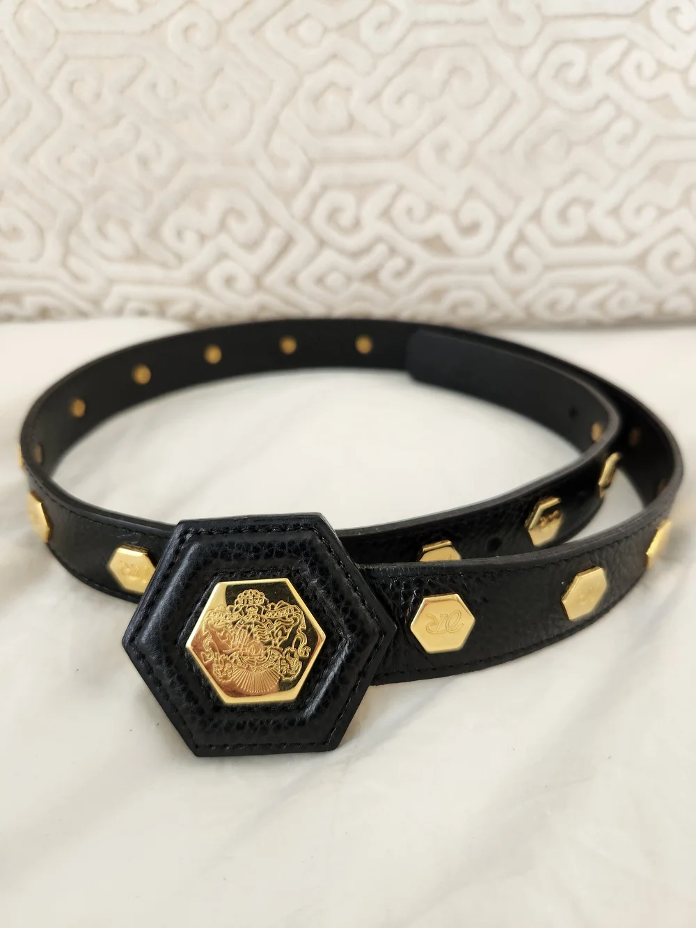 Vintage Revillon Paris Black Calf Leather Studded Belt Gold Crest Hexagon Buckle